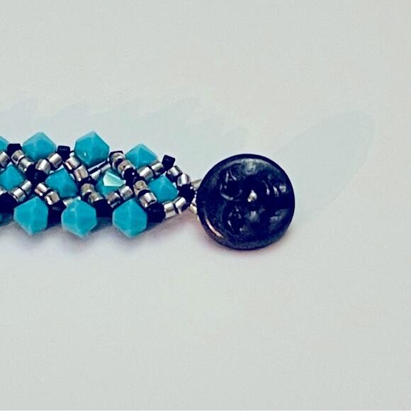 Handmade Netted Turquoise Bead Bracelet w/ Silver & Black Accents, Moon Face - Picture 6 of 8